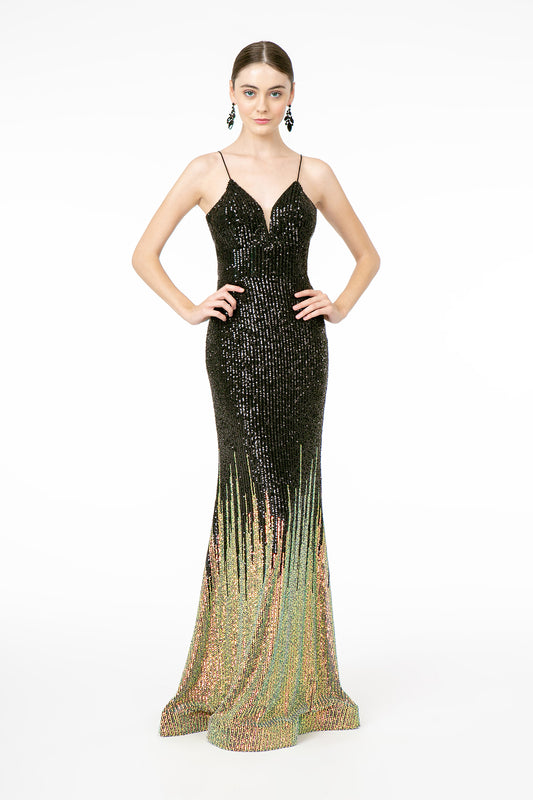 Black Eggplant Illusion V Neck Full Sequin Spaghetti Strap Long Dress