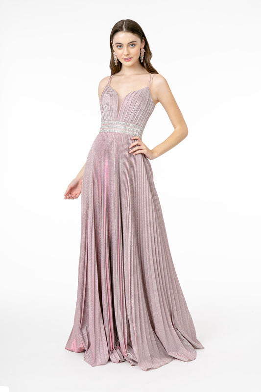 Silver Mauve Dusty Rose Illusion Deep V Neck A Line Pleated Long Dress With Metallic Glitter Finish
