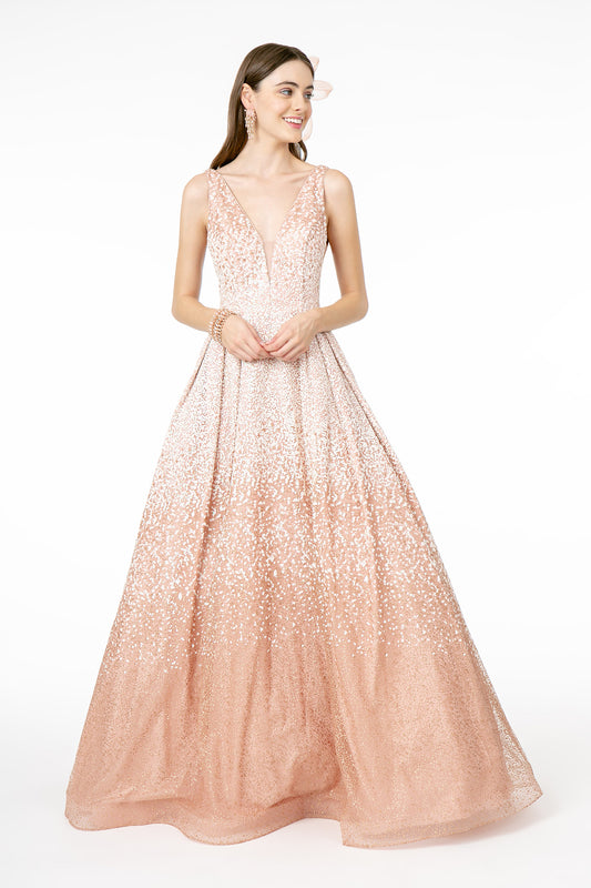 Blush Illusion Deep V Neck Glitter Tulle A Line Dress