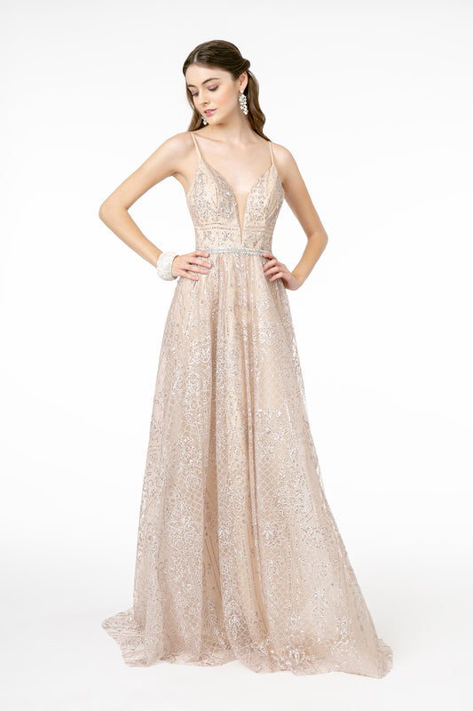 Rose Gold Illusion Deep V Neck Spaghetti Strap Glitter Mesh Long Dress With Open Back