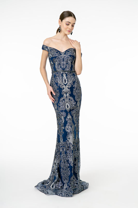 Navy Champagne Off The Shoulder Glitter Pattern Mesh Mermaid Dress