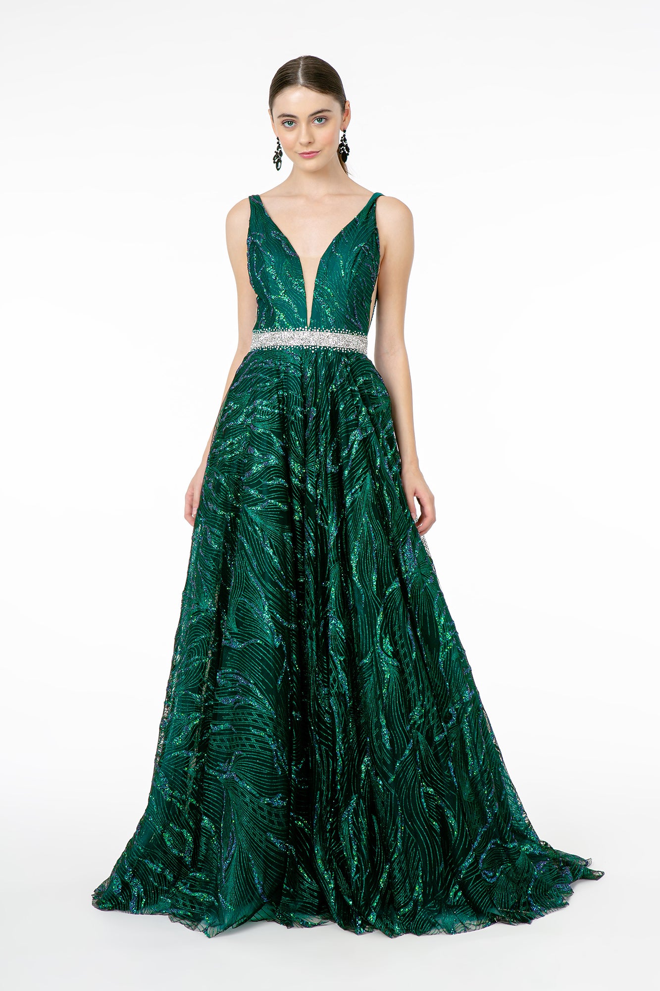 Navy Green Jewel Accented Waist Glitter Mesh A Line Dress