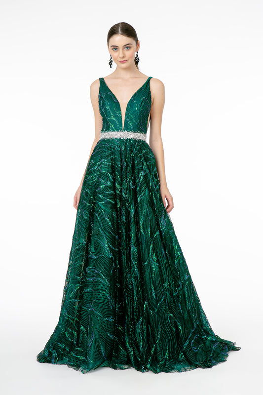 Navy Green Jewel Accented Waist Glitter Mesh A Line Dress