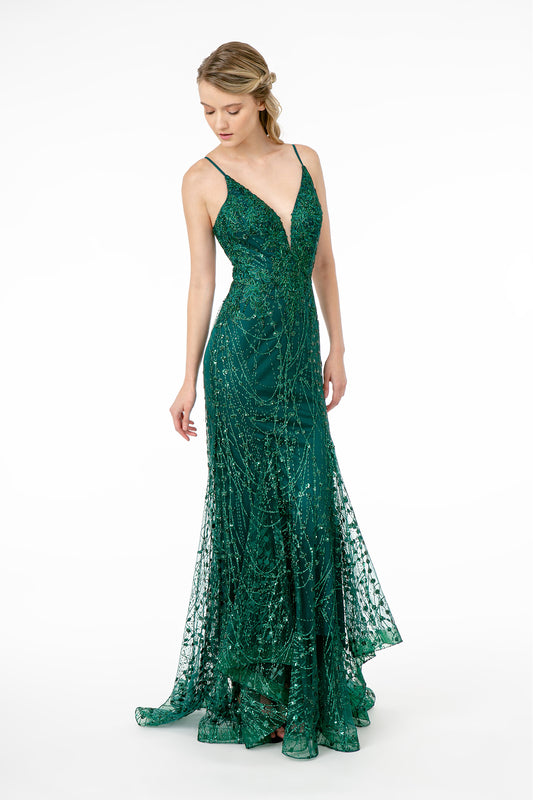 Rose Gold Green Illusion Deep V Neck Spaghetti Strap Mermaid Dress With Strap Back