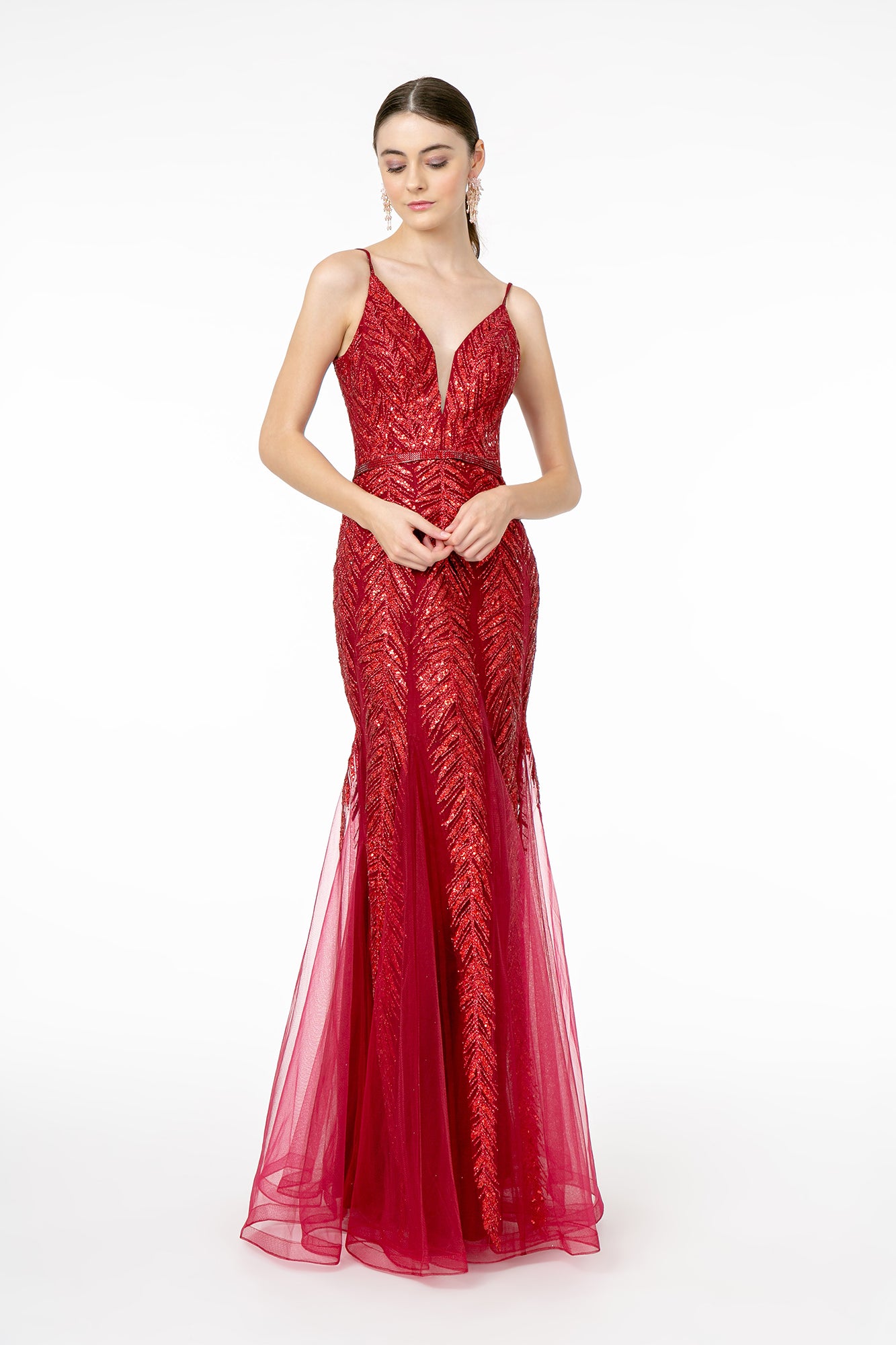 Wine Green Illusion Deep V Neck Glitter Sequin Mermaid Long Dress