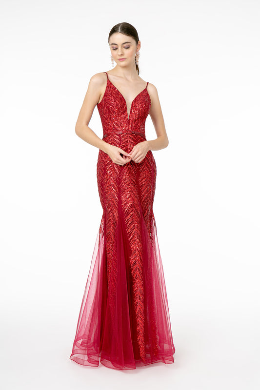 Wine Green Illusion Deep V Neck Glitter Sequin Mermaid Long Dress