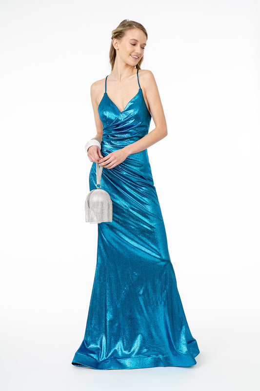 Royal Blue Turquoise Fuchsia Ruchsed Metallic Lame V Neck Mermaid Long Dress With Lace Up Back