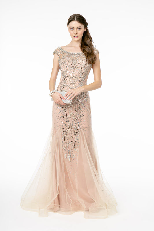 Blush Jewel And Beads Embellished Scoop Neck Mesh Mermaid Dress