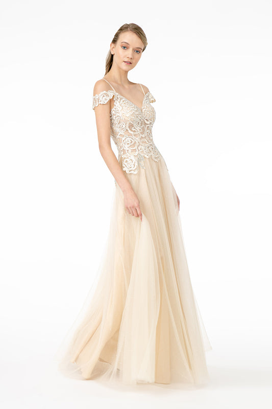 Mauve Champagne Blush Sheer Bodice Mesh A Line Long Dress