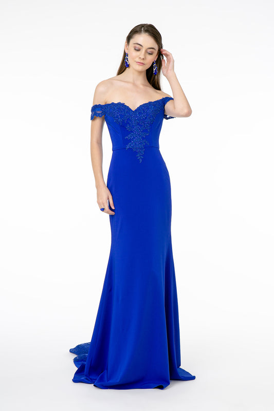 Mauve White Eggplant Royal Blue Teal Embroidered Cut Away Shoulder Jersey Long Dress With V Back