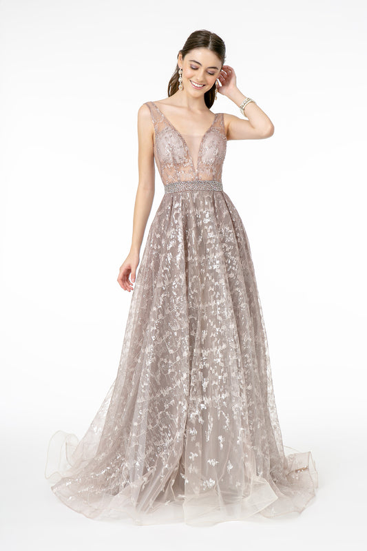 Mauve Embroidered Illusion V Neck Mesh Long Dress With V Back