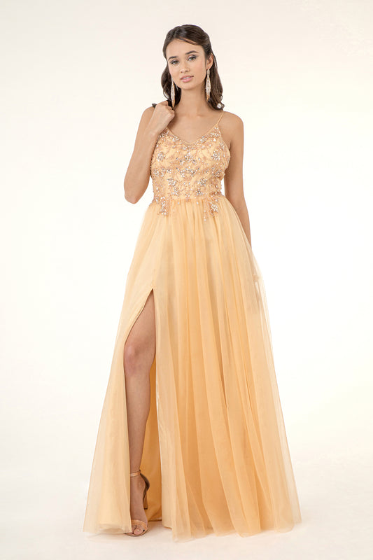 Beads Embellished Bodice V Neck Mesh A Line Prom Dress W Sheer Bac