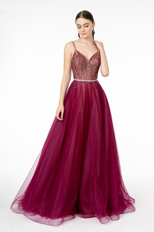 Blue Wine V Neck Glitter Mesh A Line Long Dress