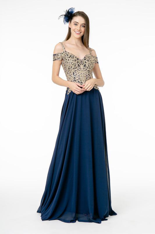 Burgundy Navy Champagne Cut Away Shoulder Embroidered Bodice Chiffon A Line Dress