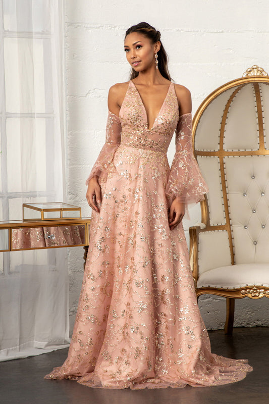 Sheer Waistline V Neck Glitter Mesh Prom Dress W Detachable Mesh Sleeve