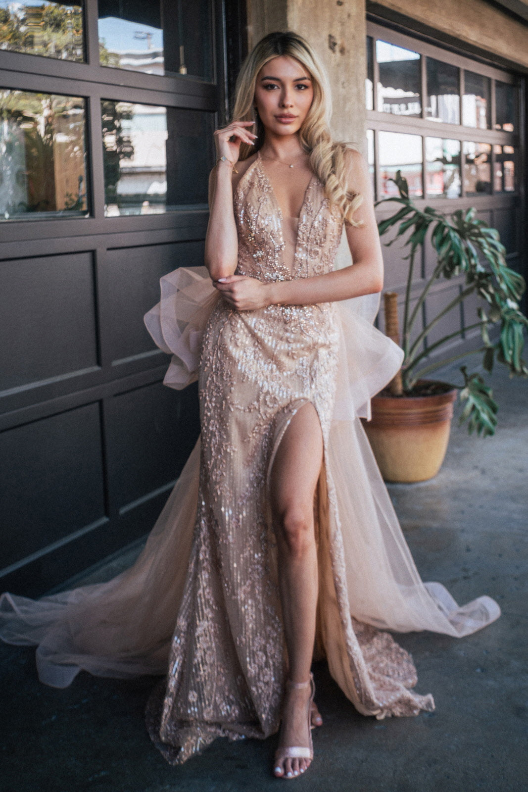 Jewel Embellished Mesh Mermaid Dress W Side Slit And Detached Mesh Layer