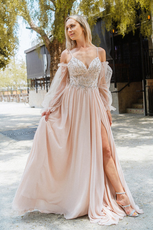 Detachable Mesh Sleeve V Neck Chiffon Prom Dress
