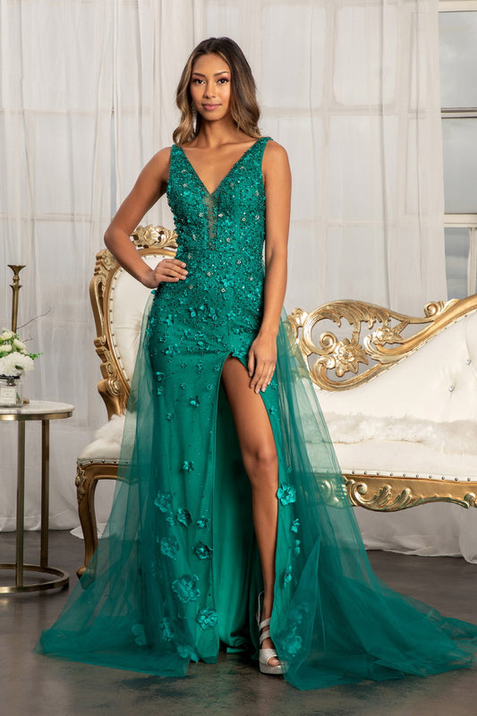Rhinestone Embellished Mesh Mermaid Dress W 3 D Flower And Detached Layer