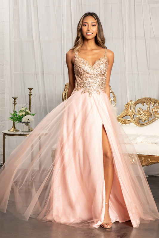 Sequin Embellished Bodice V Neck A Line Prom Dress W Leg Slit
