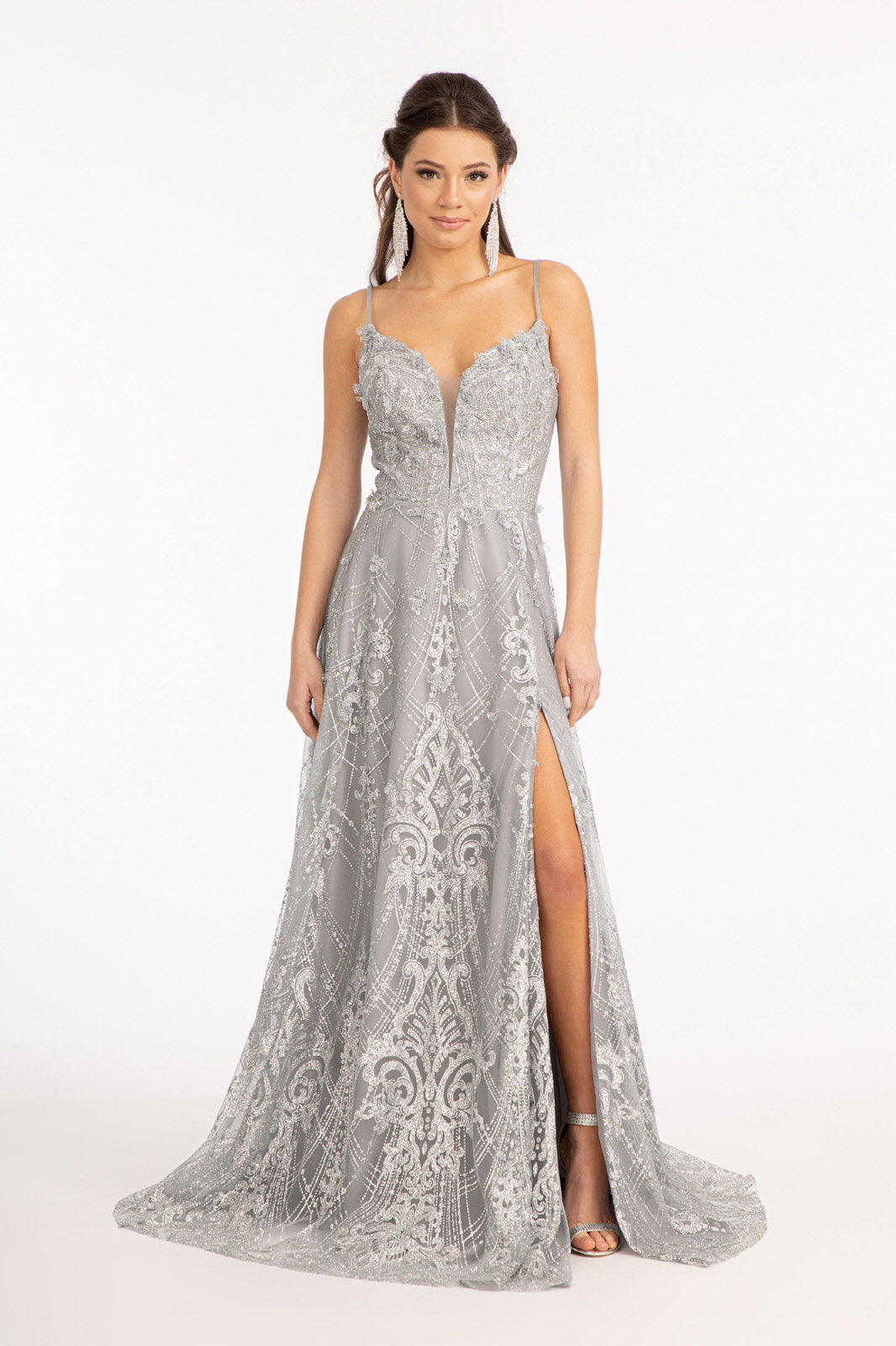 3 D Flower Applique Mesh A Line Dress W Glitter Embellished And Side Slit