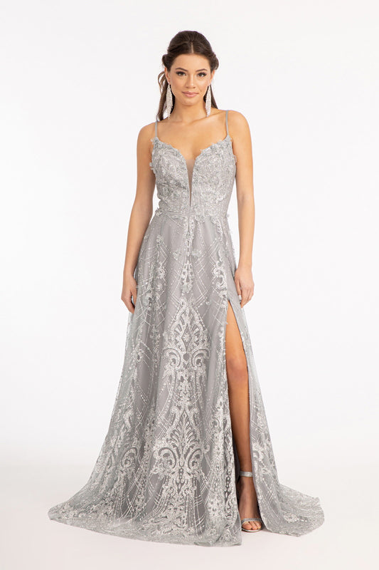 3 D Flower Applique Mesh A Line Dress W Glitter Embellished And Side Slit