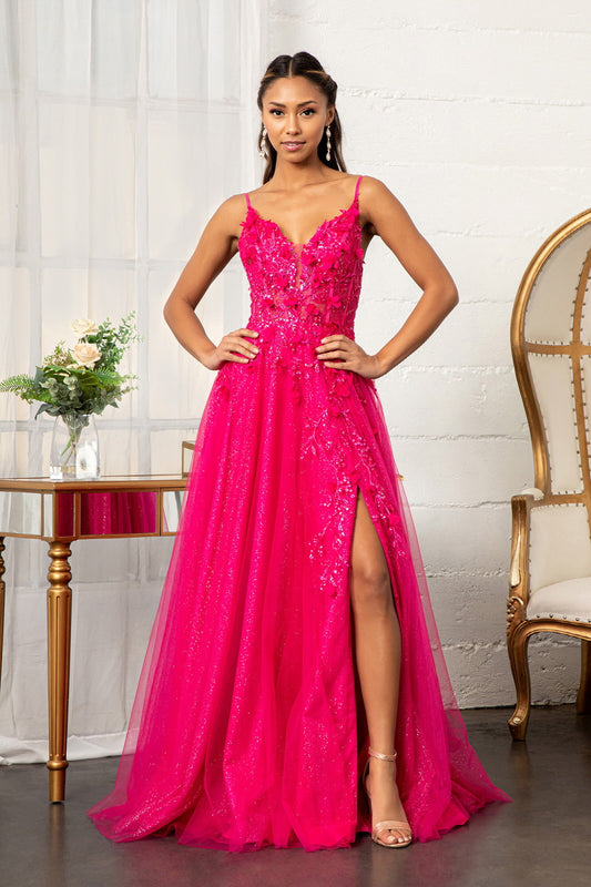 3 D Flower Applique Glitter Mesh A Line Dress W Embroidery And Sequin