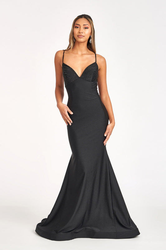 Beads Embellished Jersey Mermaid Dress W Strap Lace Up Back