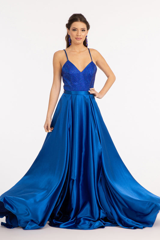 Full Rhinestone Bodice Lace Up Back Satin Prom Dress W Waistband