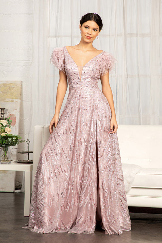 Feather Shoulder Embellished A Line Dress W Open V Back