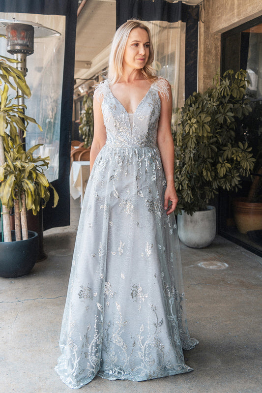 Feather Shoulder Embellished Glitter A Line Dress W Sheer Open V Back