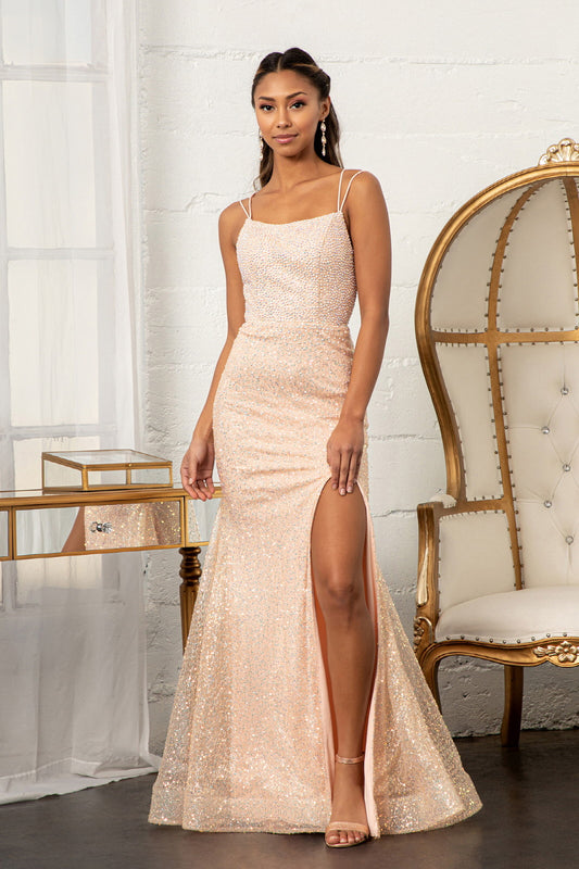 Straight Across Sequin Embellished Mesh Mermaid Dress W Slit