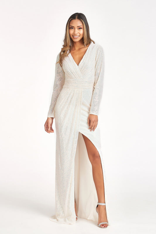 Gathered Waist Sequin Embellished Mermaid Dress W Long Sleeves