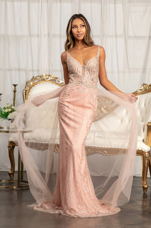 Beads Embellished Mesh Mermaid Dress W Detached Mesh Layer On Waist
