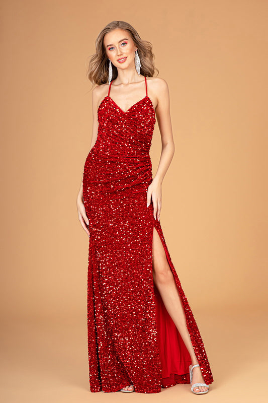 Halter Neck Velvet Sequin Long Dress W Ruched Bodice