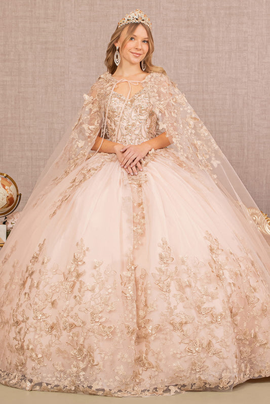 Jewel Mesh Quinceanera Gown W 3 D Butterfly Appliques And Long Mesh Cape