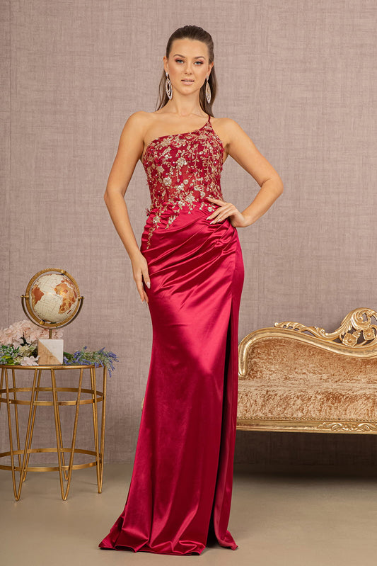 Strapless Sheer Bodice Glitter Satin Mermaid Dress W Ruched Back