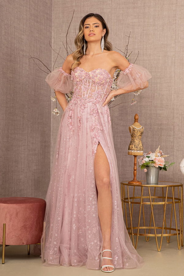 Strapless Sheer Bodice Mesh A Line Dress W Detachable Short Mesh Sleeves