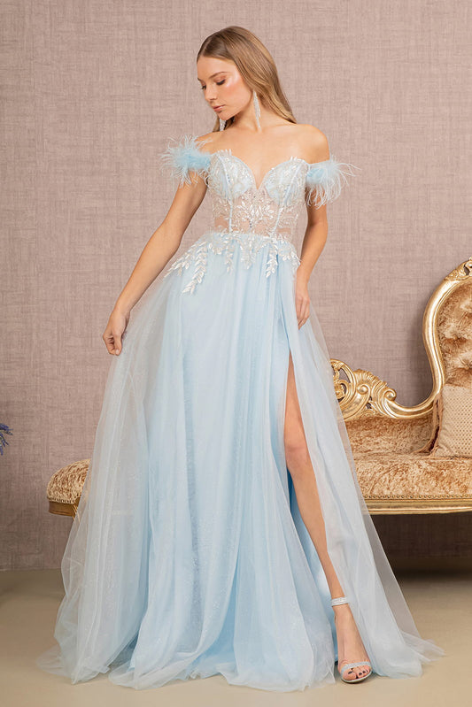 Feather Straps Sheer Bodice Glitter Sequin Mesh A Line Dress