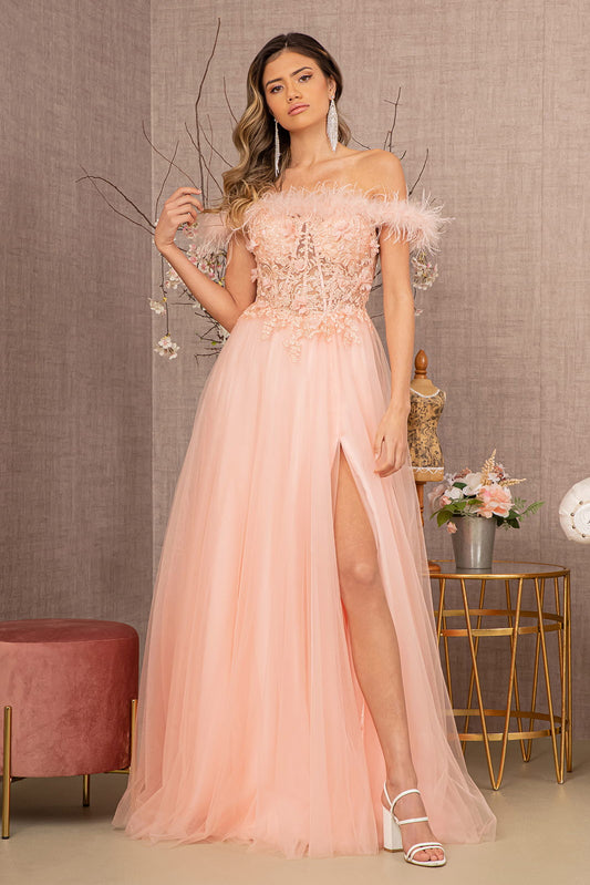 Embroidery Sheer Front Mesh A Line Dress W Feather Embellishment