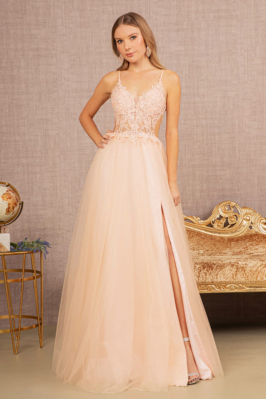Flower Applique Sheer Front Cut Out Side Mesh A Line Dress