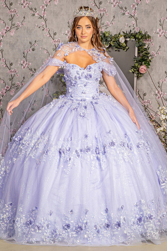 Glitter 3 D Flower Applique Mesh Quinceanera Gown W Long Mesh Cape