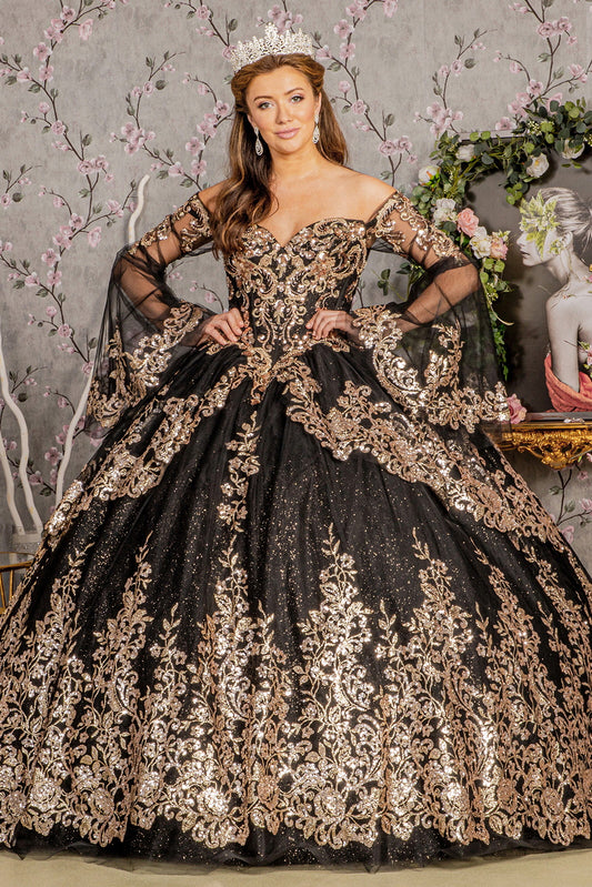 Gold Sequin Off Shoulder Mesh Ball Gown W Detachable Long Sleeves