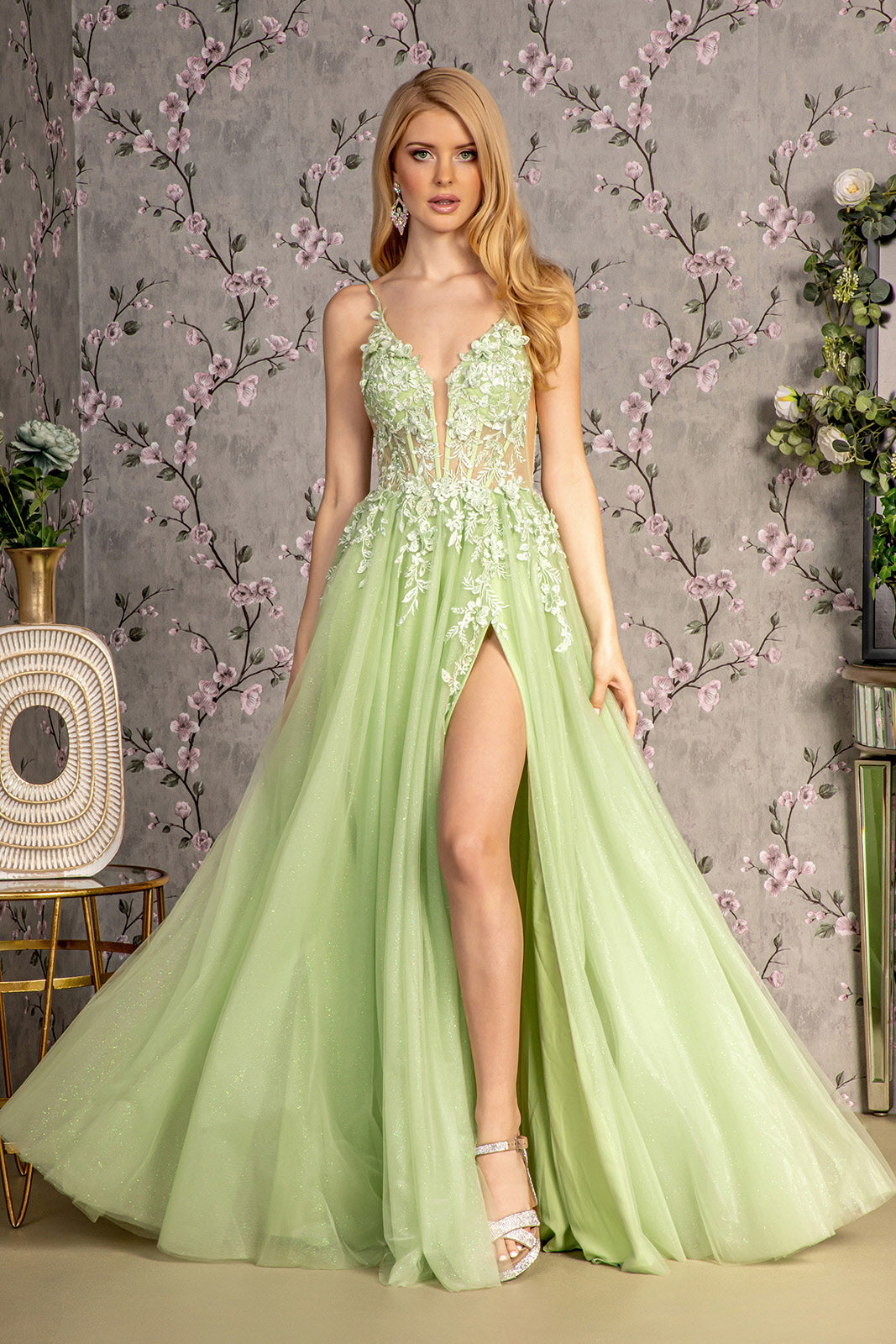 3 D Flower Glitter Sheer Bodice Mesh A Line Long Dress W Side Slit