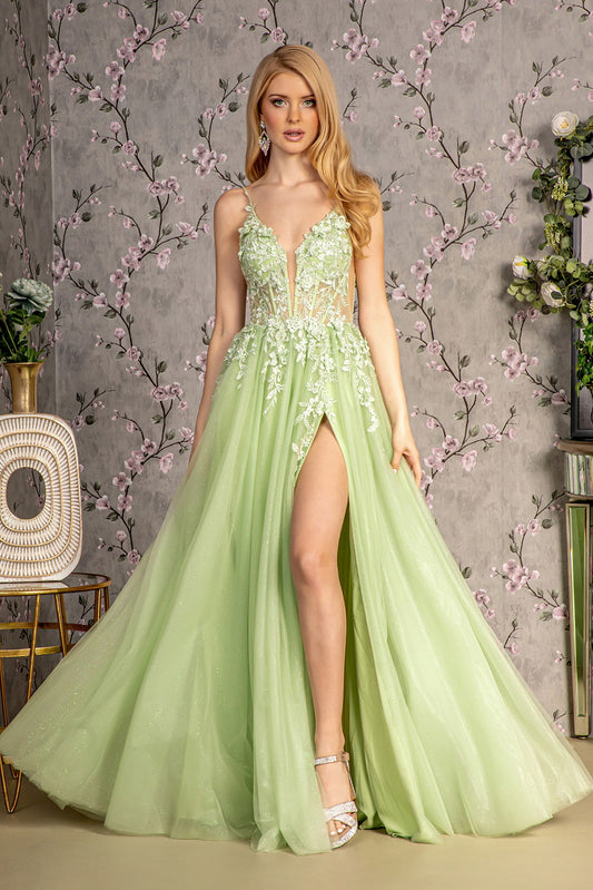 3 D Flower Glitter Sheer Bodice Mesh A Line Long Dress W Side Slit