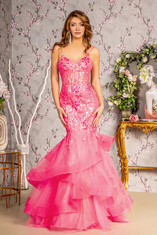 Glitter Sequin Sheer Bodice Mesh Trumpet Long Dress W Ruffled Hem