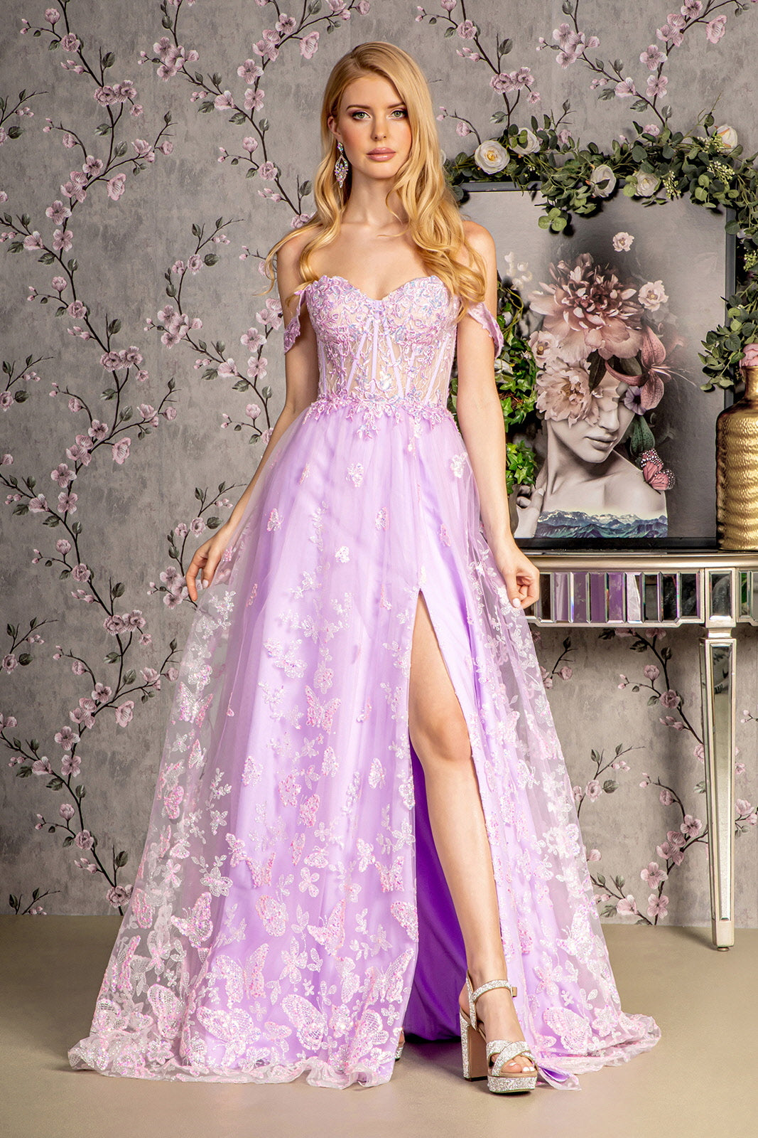 Bead Strapless Mesh A Line Long Dress W Detachable Sleeves