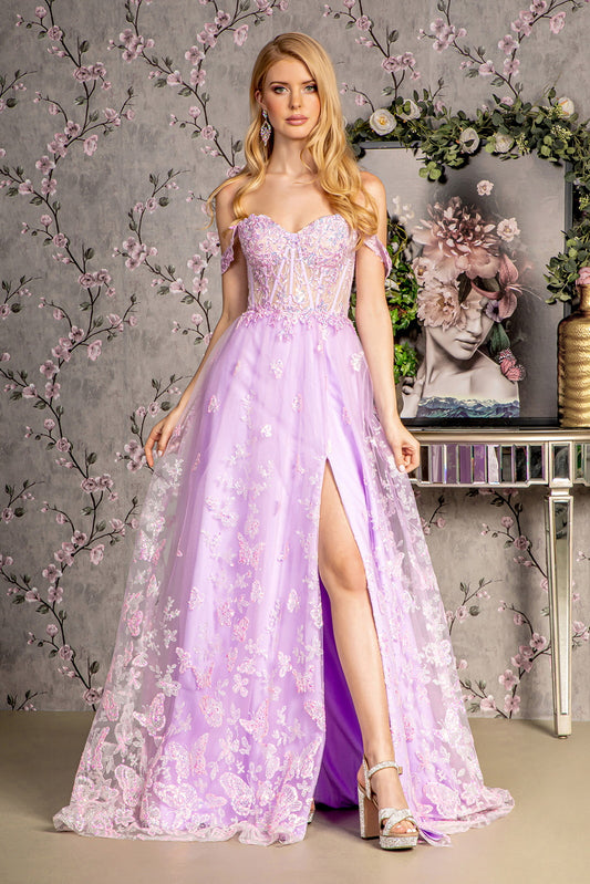 Bead Strapless Mesh A Line Long Dress W Detachable Sleeves