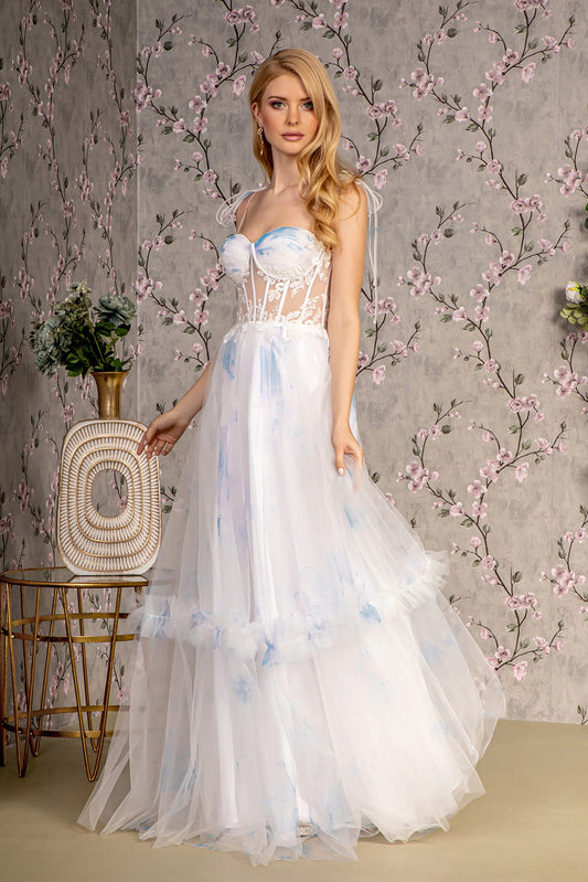 Embroidery Bead Tied Shoulder Mesh A Line Long Dress