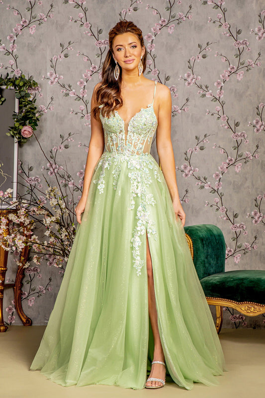 3 D Butterfly Sheer Corset Bodice Mesh A Line Long Dress