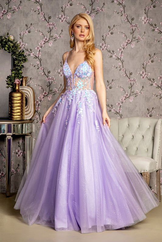 Sequin Glitter Sheer Bodice V Back Mesh A Line Long Dress